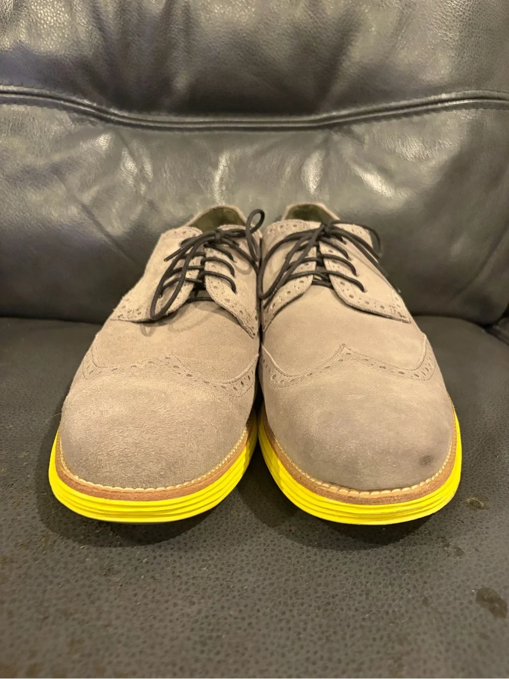 Cole Haan Grey Suede Wingtip Oxford with Yellow Sole
